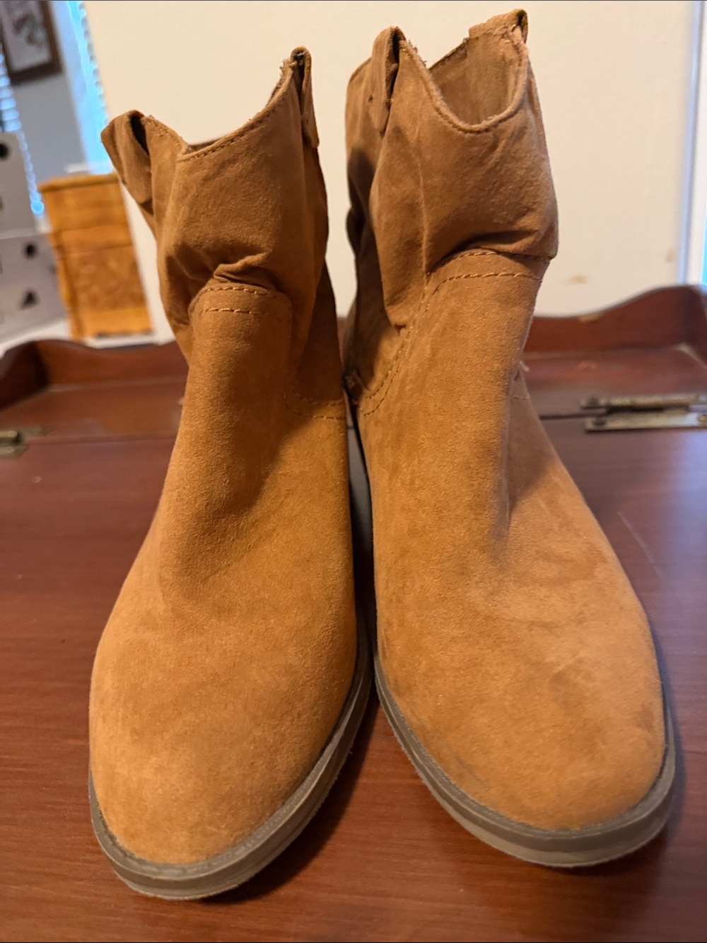 Women's RUST/ Tan Suede western style Ankle Boots - Stylish Block Heel